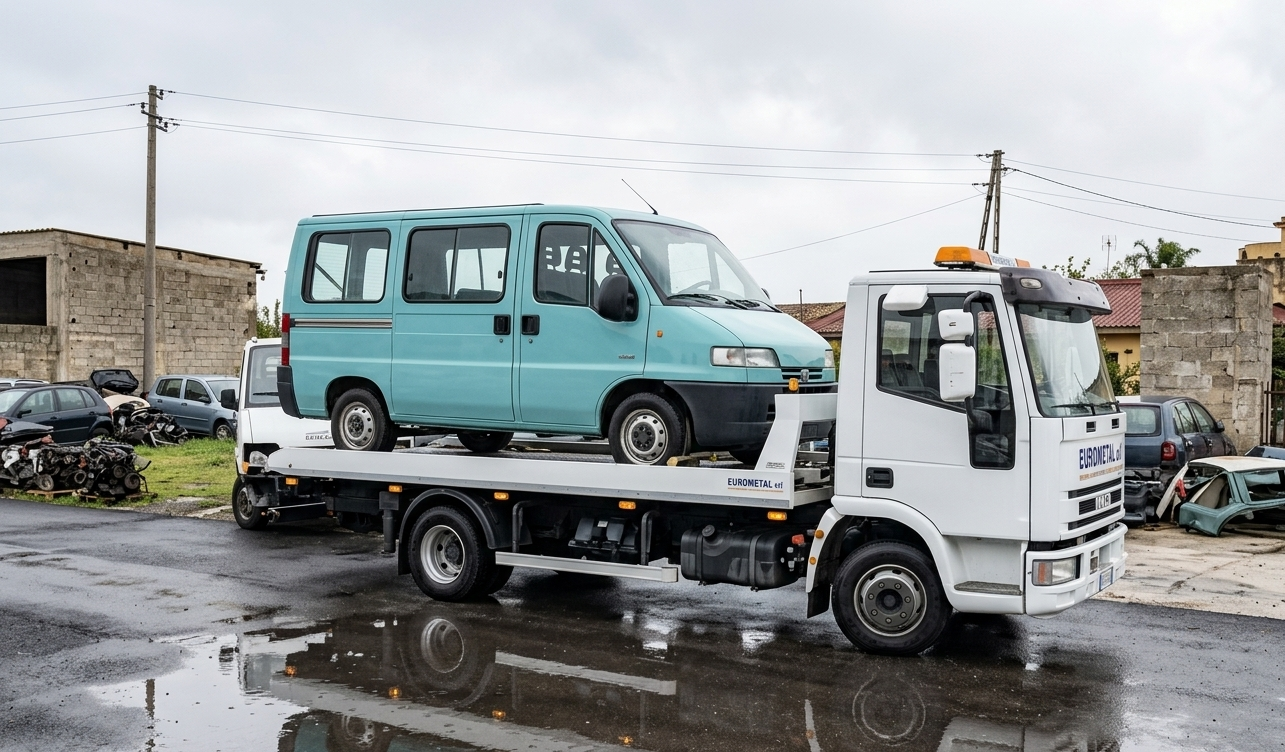 In una giornata nuvolosa, un furgone passeggeri azzurro è appoggiato sul pianale di un carro attrezzi bianco in un parcheggio all'aperto.
