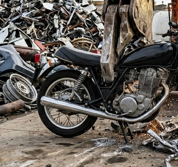 Una motocicletta nera viene schiacciata da grossi artigli di metallo in una discarica piena di cumuli di rottami metallici.