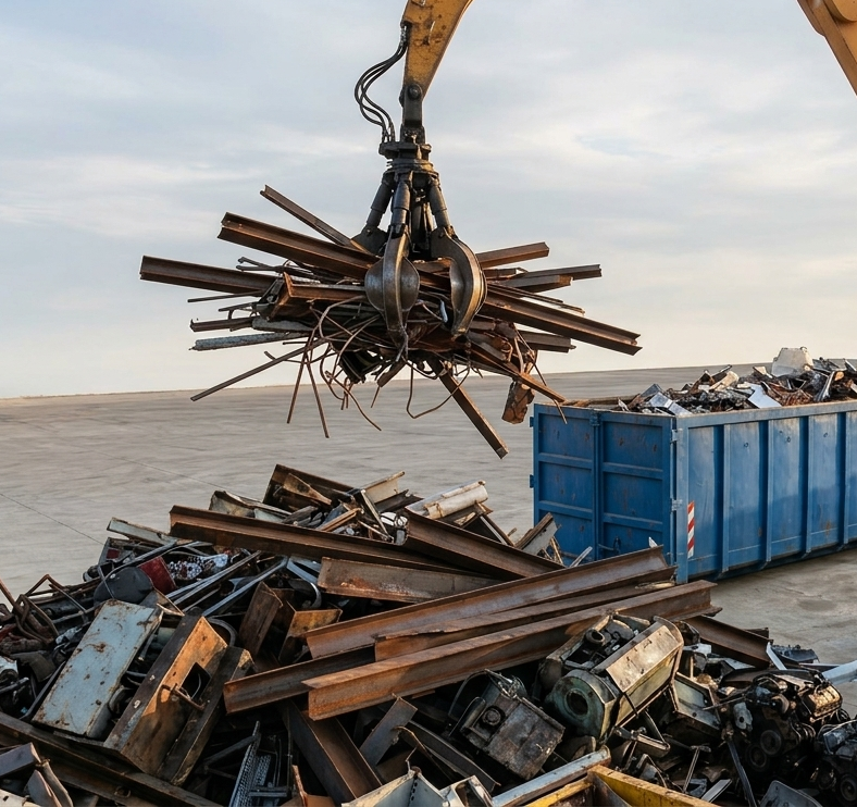 Una pinza meccanica solleva un fascio di travi metalliche arrugginite sopra un deposito di rottami metallici e un container blu.