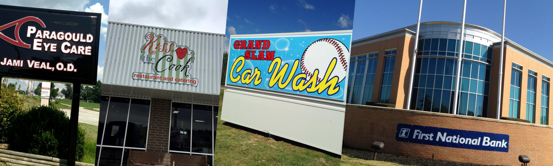 A collage showing signs and buildings for Parasould Eye Care, a local shop, a car wash, and First National Bank.