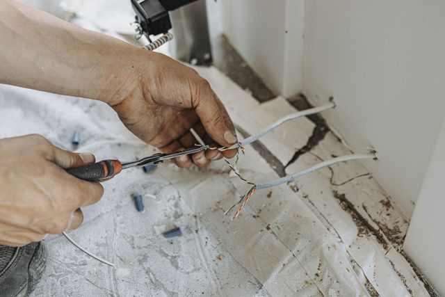 A person using a screwdriver to connect electrical wires near a wall. The work is being done indoors.