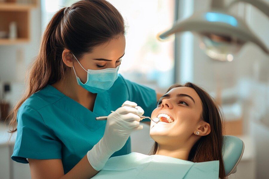 A female dentist is examining a woman 's teeth in a dental office.