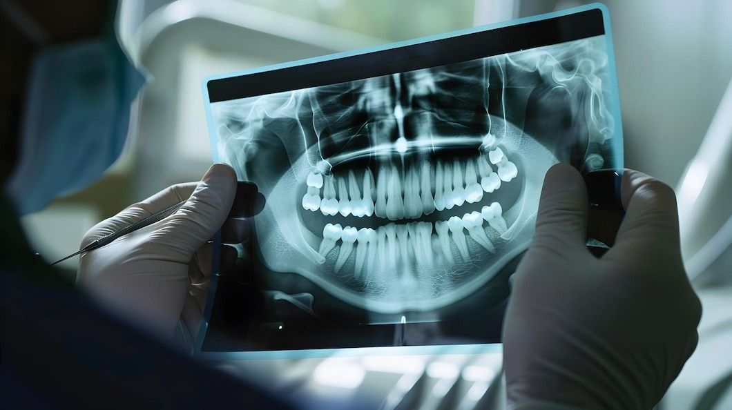 A dentist is holding an x-ray of a patient 's teeth.