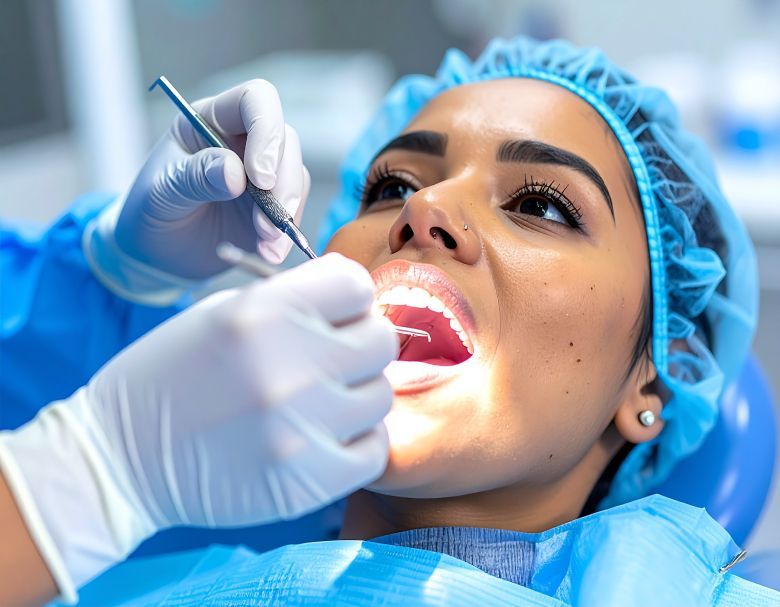 Woman at dentist, mouth open, being examined. Bright light and tools are visible.