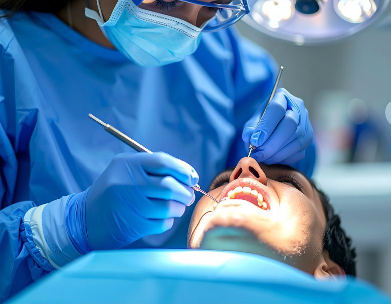 Dentist in blue scrubs examining a patient's open mouth with dental tools.
