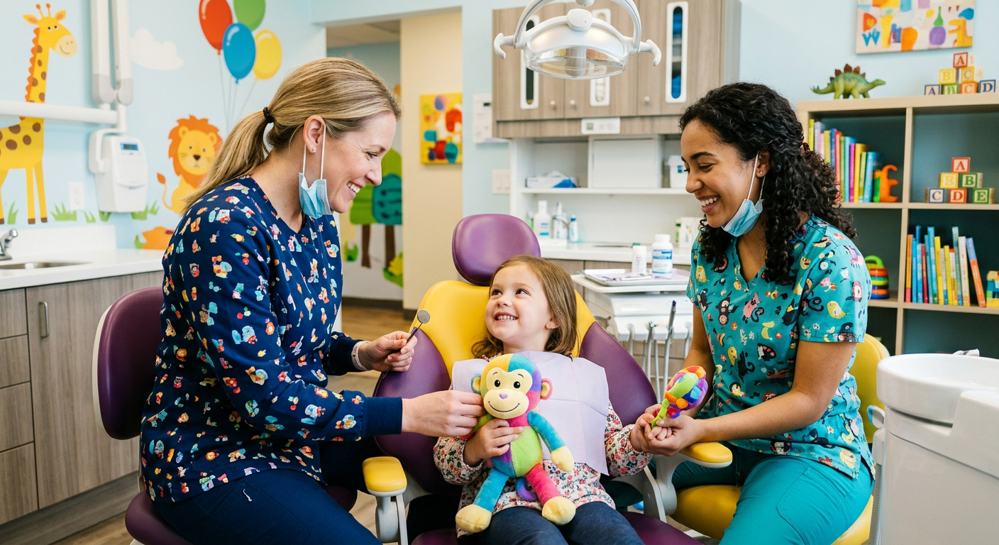 Pediatric dental clinic visit with two clinicians and a child seated in a treatment chair