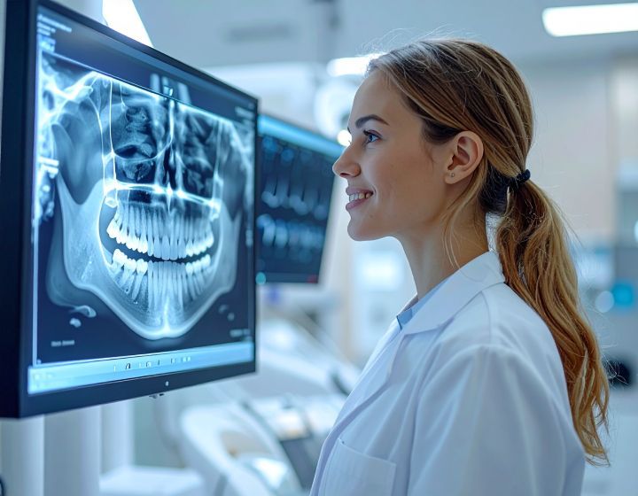 Dentist looking at a panoramic dental x-ray in a medical office.