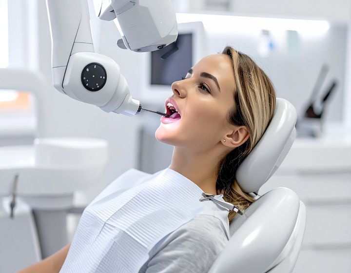Woman in dentist chair, robot arm over her mouth.