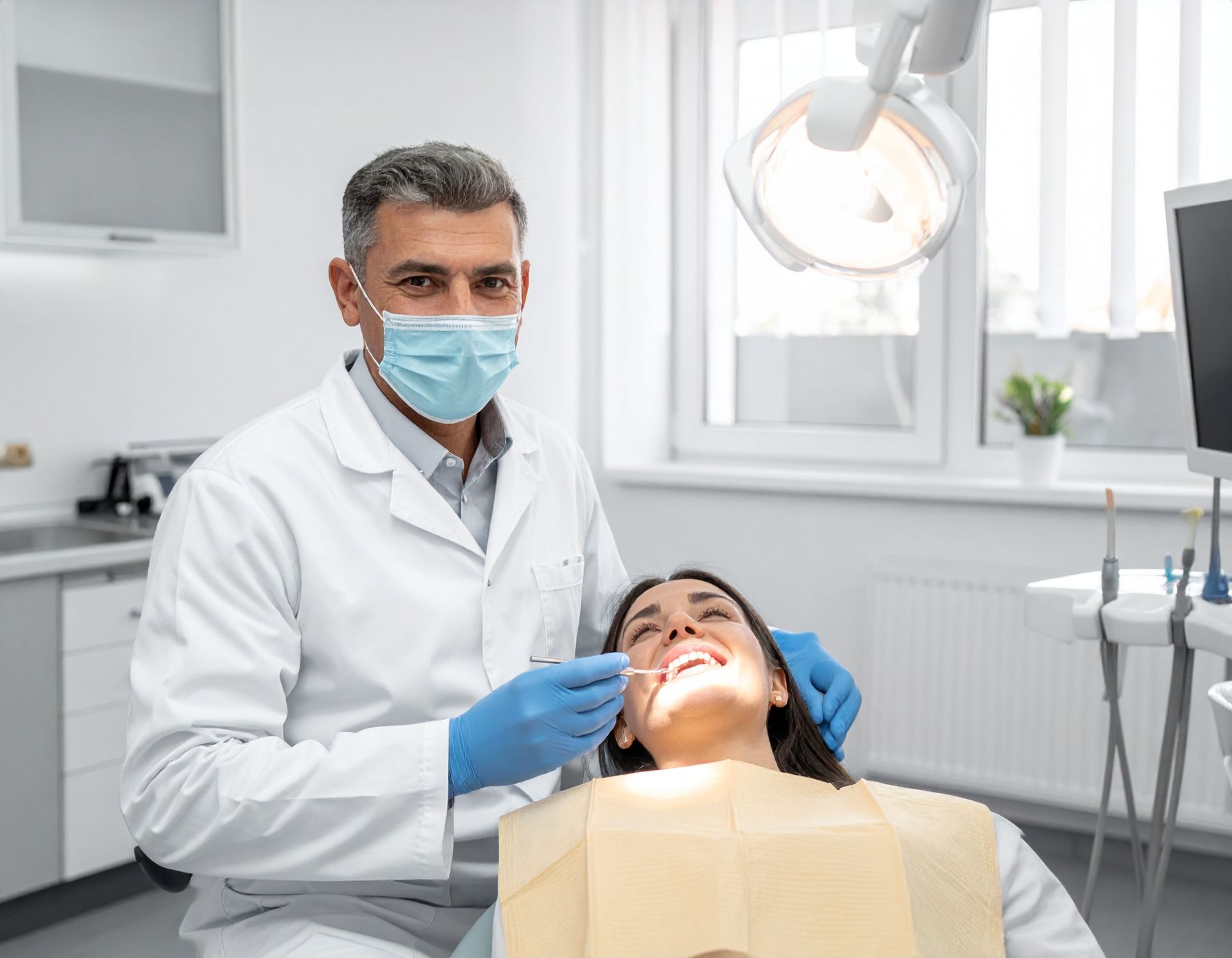 Dentist in mask examining a patient's teeth under a bright light in a dental office.