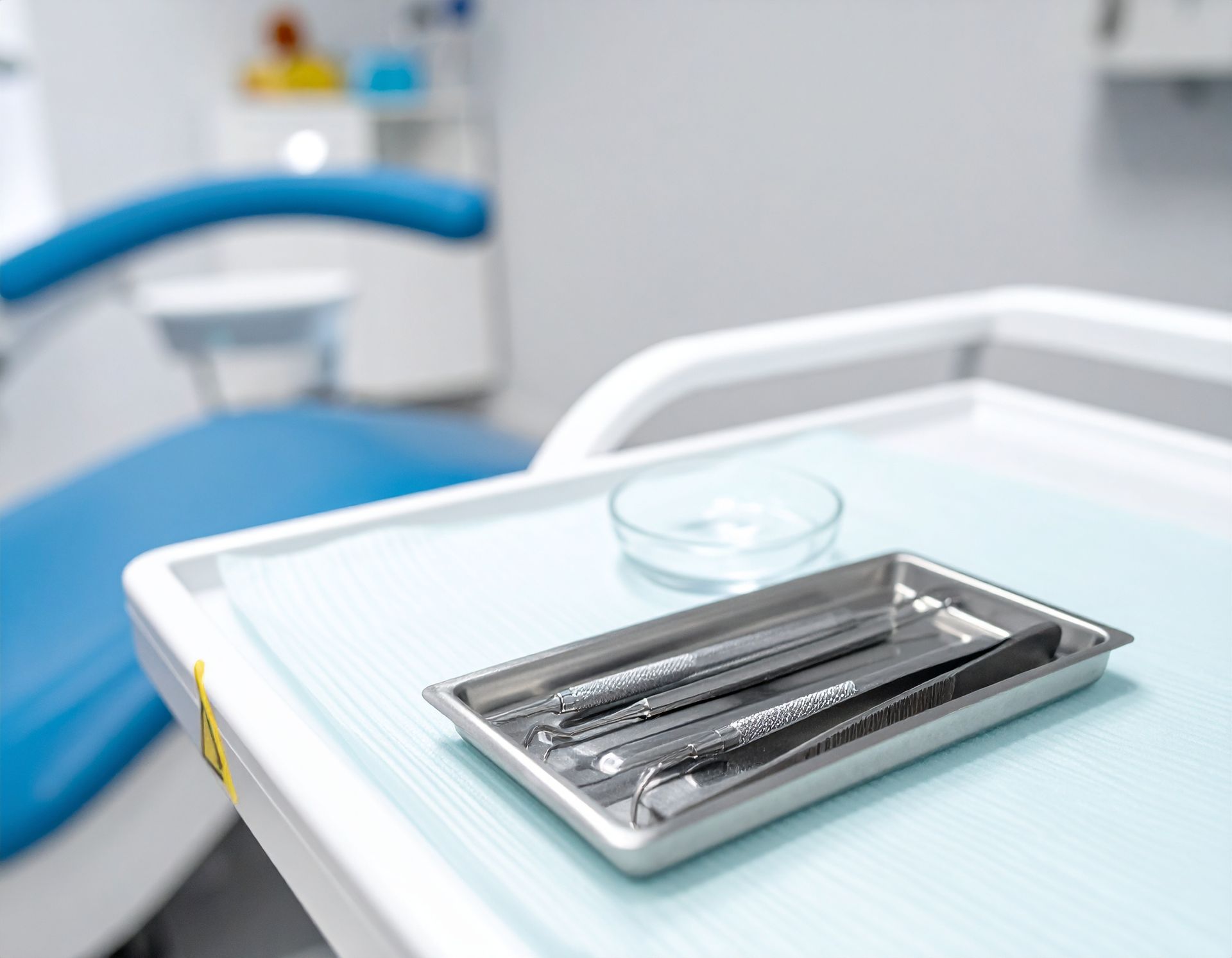Dental tray with instruments on a clinic chair in a bright treatment room