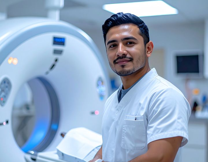Man in white lab coat smiles next to a CT scanner in a medical setting.