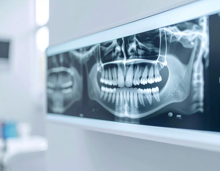 Dental panoramic X-ray showing teeth and jaw bone displayed in a dentist's office.