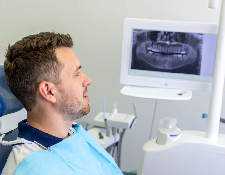 Man in dentist chair looking at dental X-ray on screen.