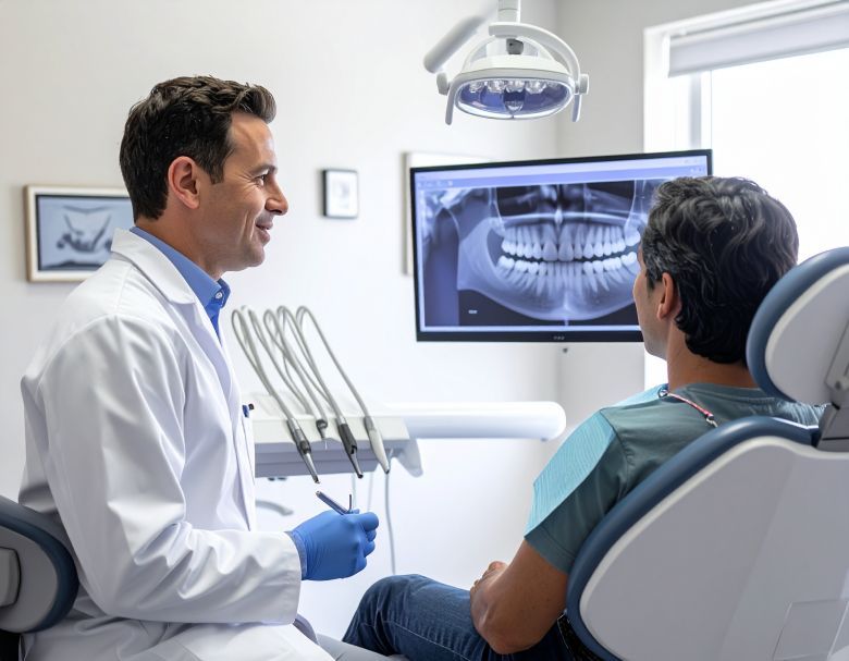 Dentist pointing at X-ray image with patient in chair, dental office setting.