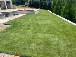 Lush green artificial turf in a backyard with a patio, raised planter, and evergreen trees.