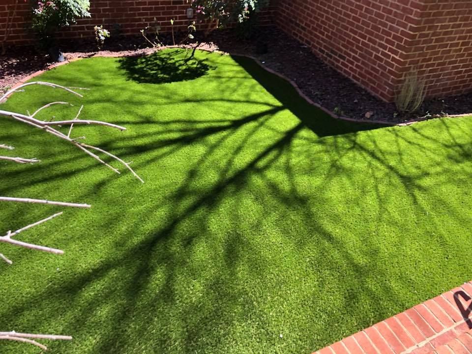 Green artificial grass with a tree shadow on a sunny day, bordered by brick and a building.