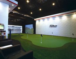 Indoor golf simulator with putting green, a screen, and the Titleist logo.