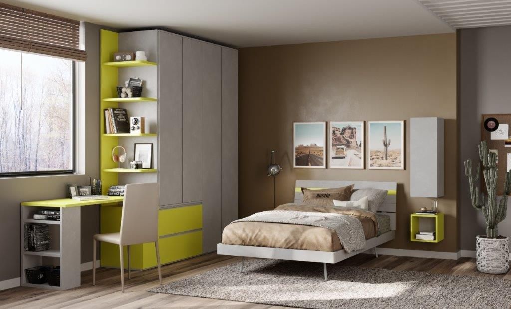 Camera da letto moderna con letto, scrivania, armadio e ampia finestra. Colori grigio, bianco e giallo.