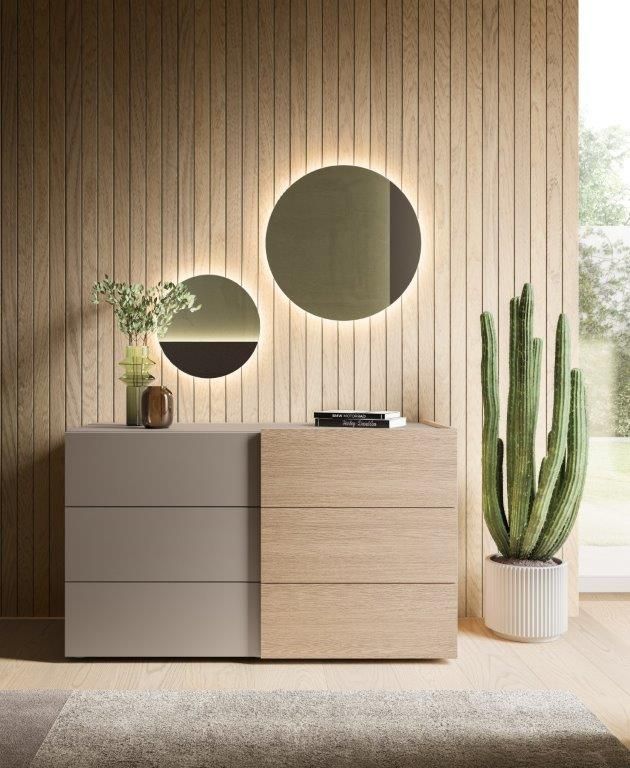 Comò moderno per camera da letto con due specchi circolari, una pianta e un cactus davanti a una parete rivestita in legno.