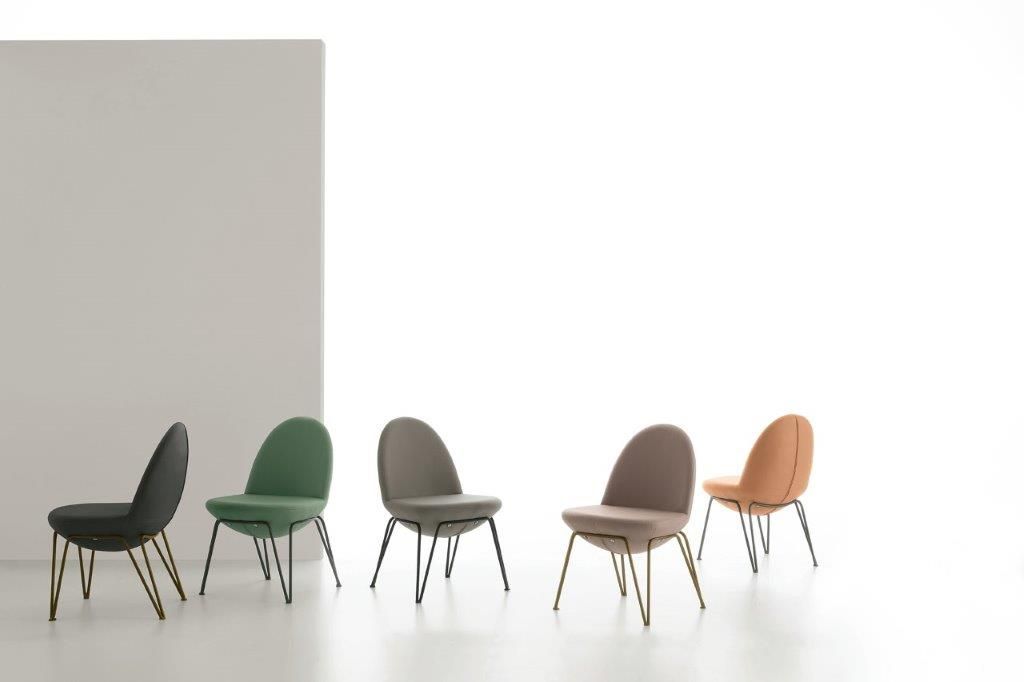 Cinque sedie moderne in vari colori su sfondo bianco; gambe in metallo nero.