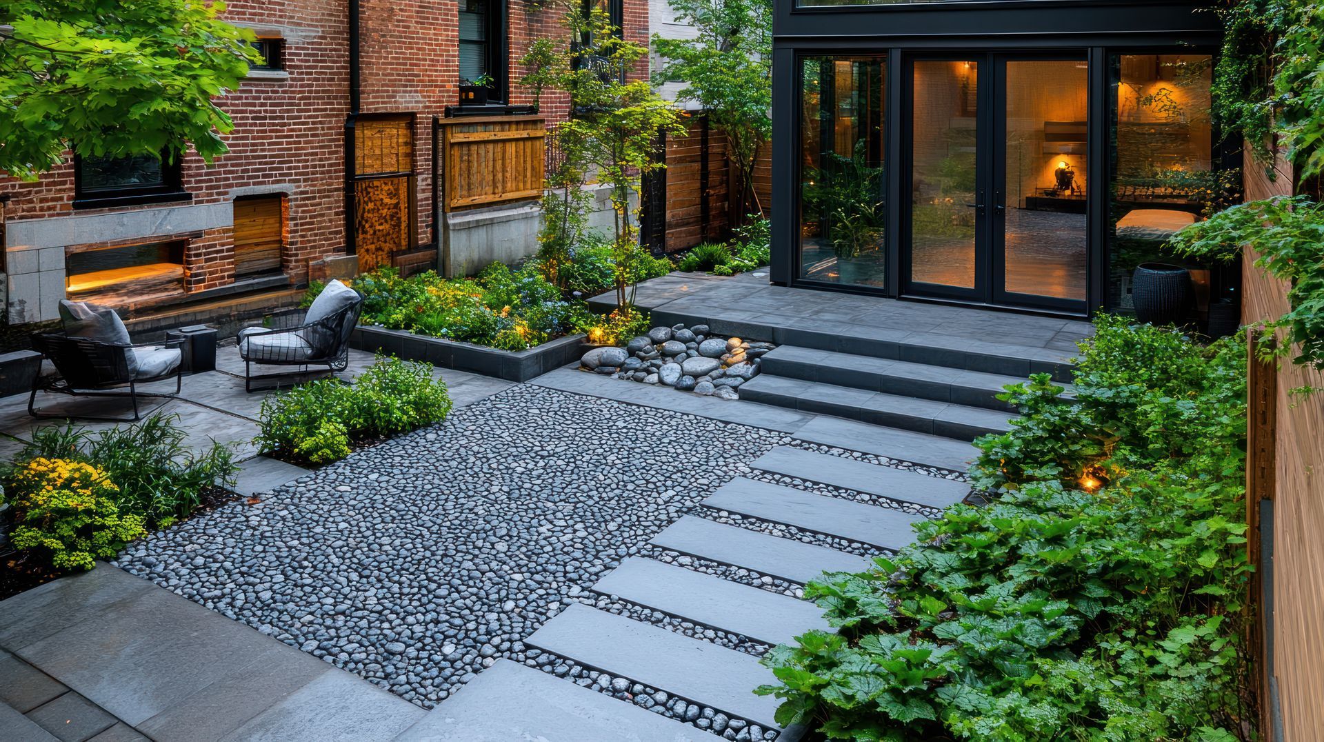 Modern backyard patio with stone pavers and black pebble accents, lush greenery, and glass doors.