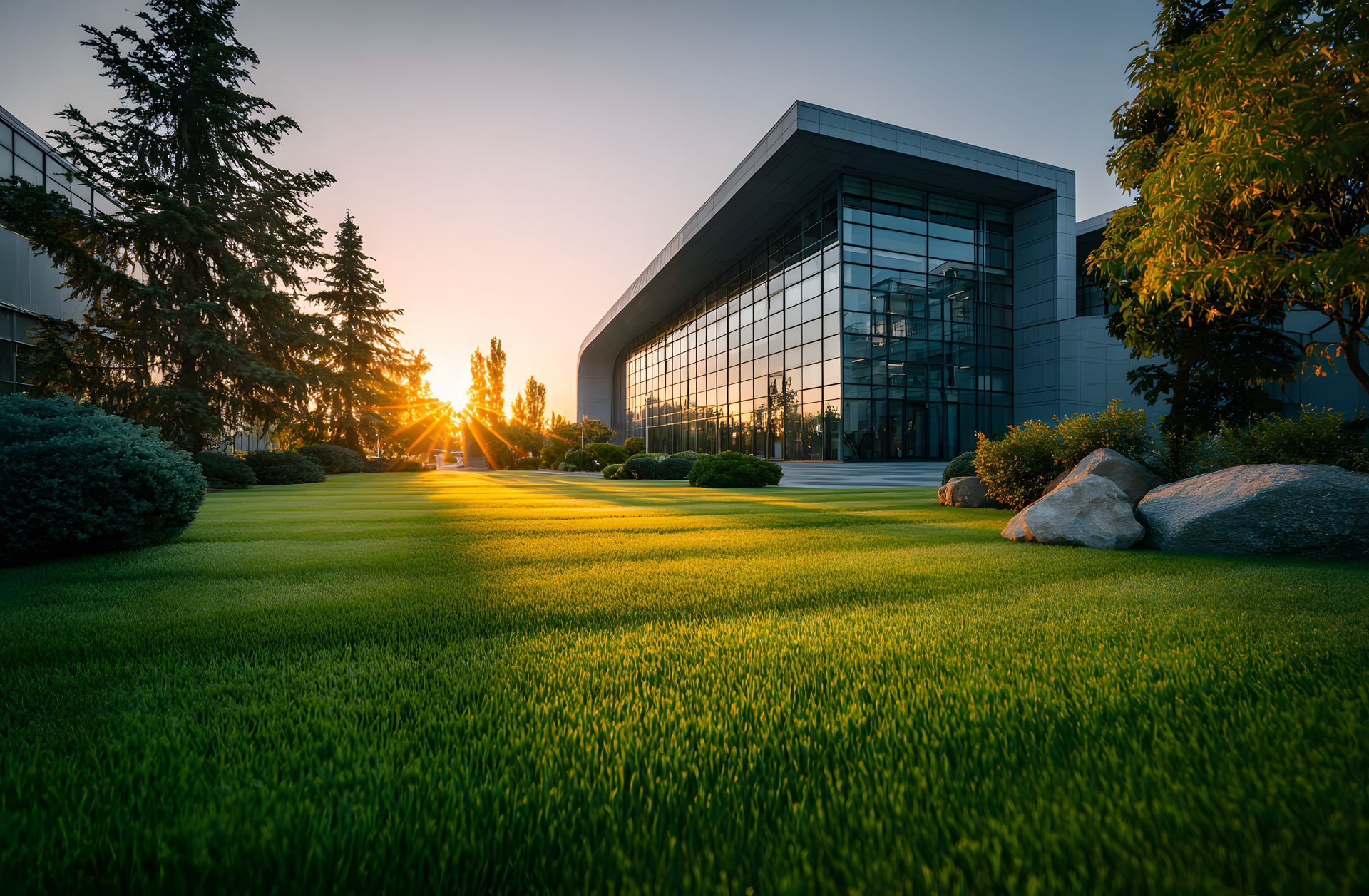 Modern building with glass facade, sun setting over a green lawn, trees in the foreground.