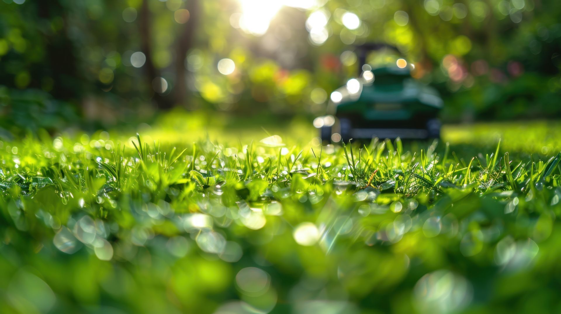 Lawn mower cutting grass in a sunny yard; close-up of the green blades in focus.