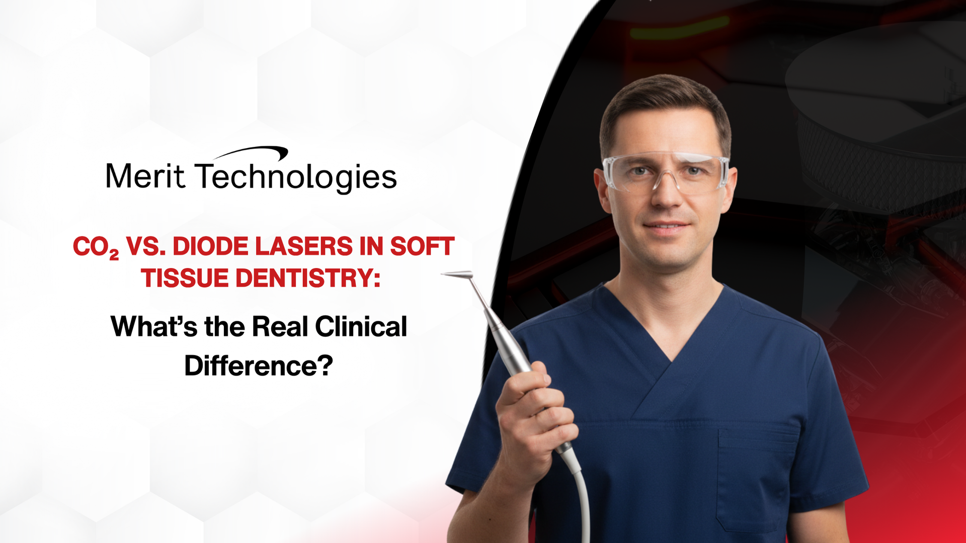 Dentist holding dental tool, with text: 