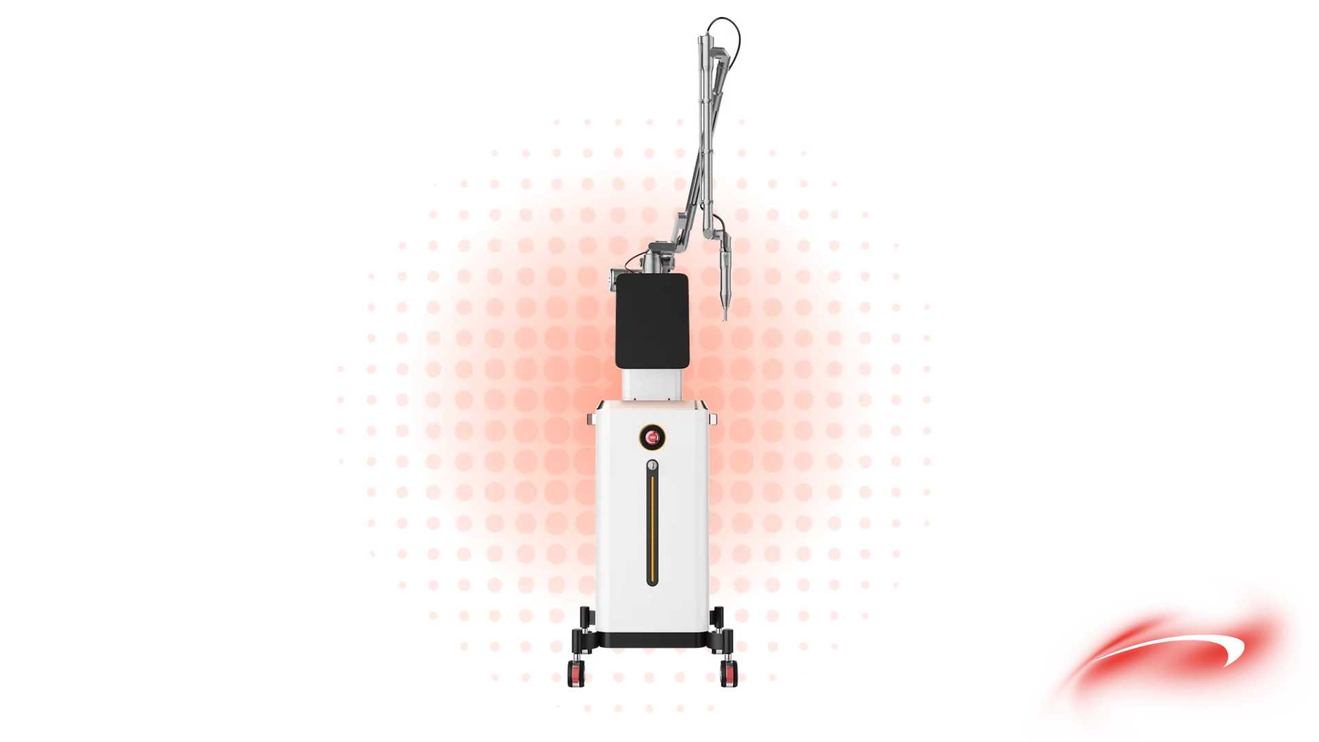 Laser device on a wheeled base, emitting red light.