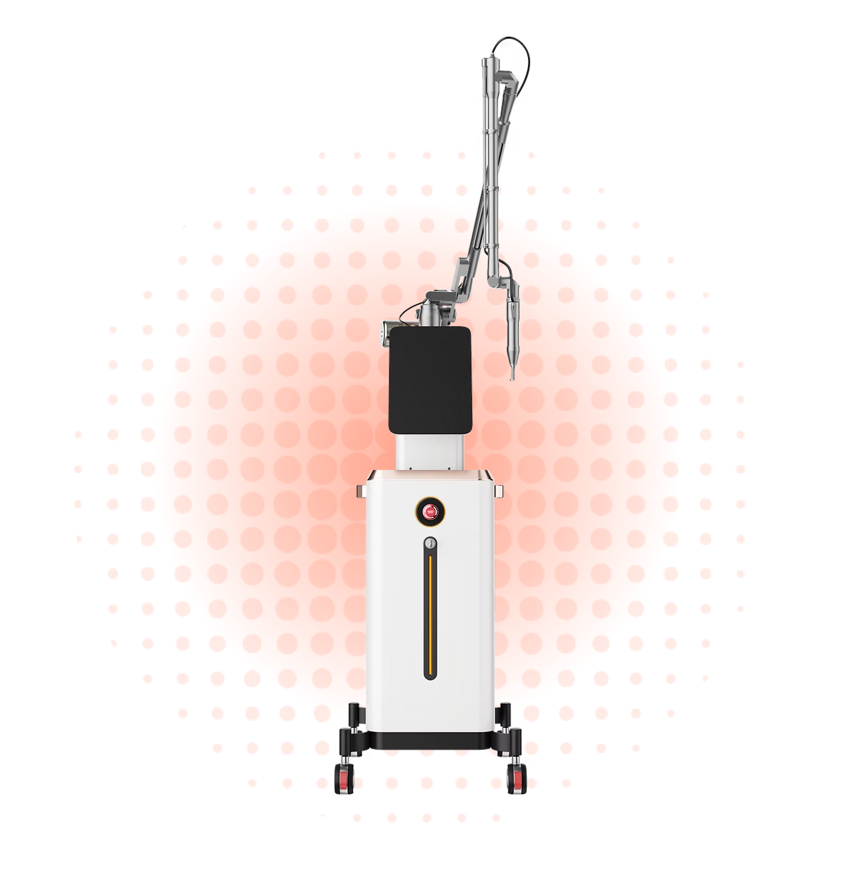 White and black medical laser machine with an articulated arm, set against a pinkish-red dotted background.