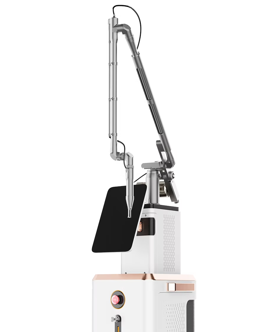 Laser device with articulated arm and control panel. White and silver with black details.