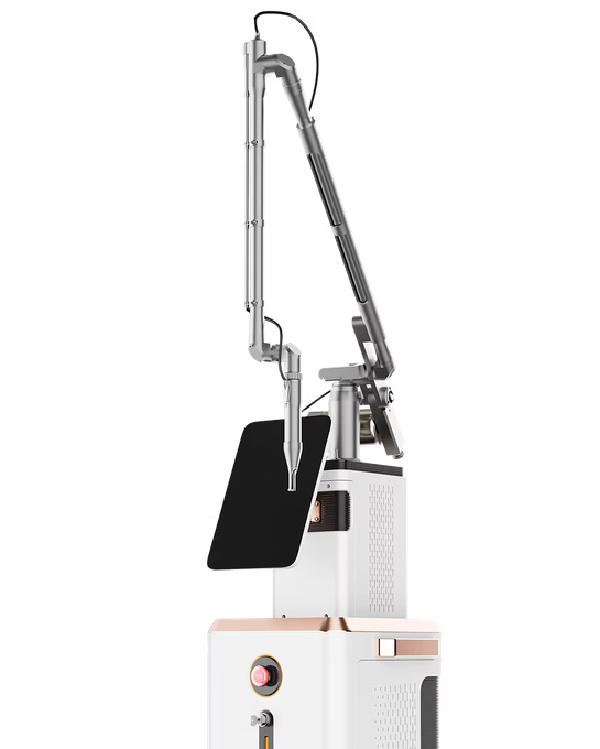 Laser device with articulated arm and control panel. White and silver with black details.