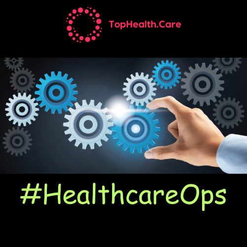 Hand interacting with glowing gears; promoting #HealthcareOps from TopHealth.Care.