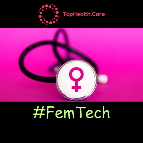 Stethoscope with female symbol against pink background, promoting FemTech, with TopHealth.Care logo.