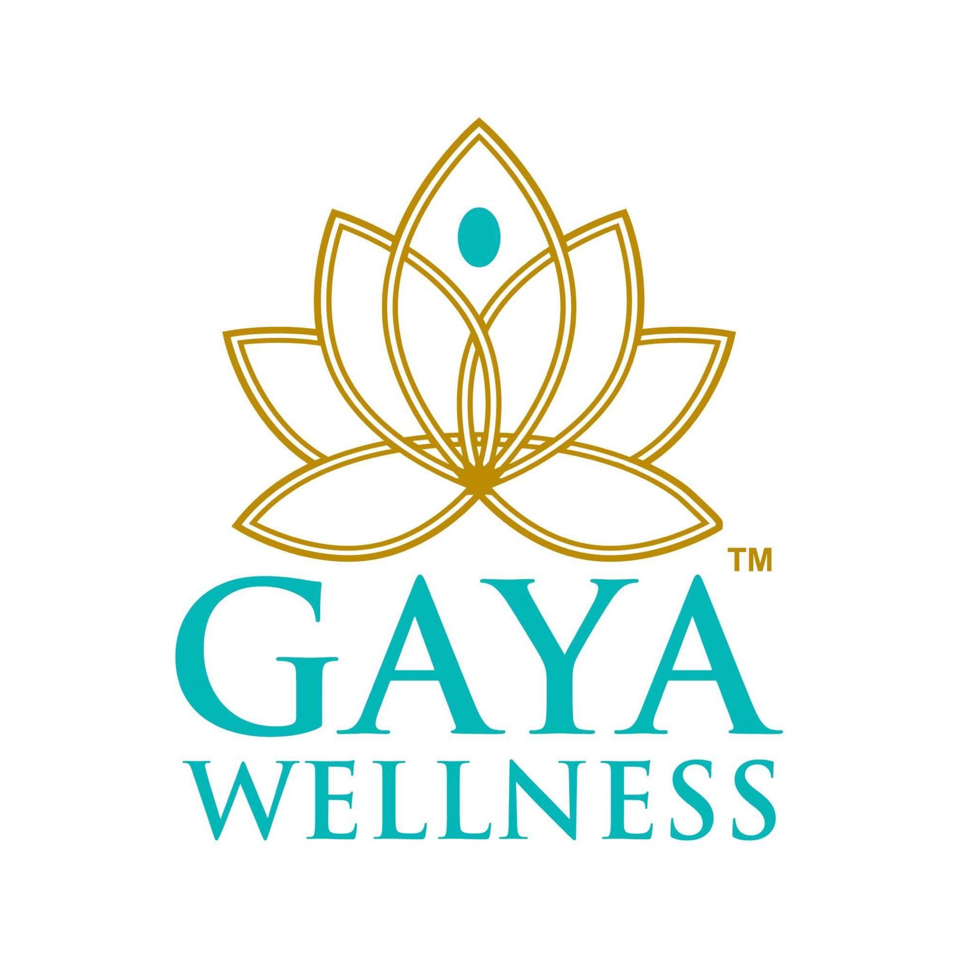 Logo for Gaya Wellness: gold lotus flower, teal text 
