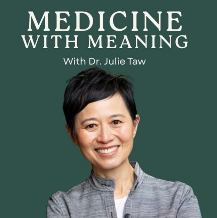 Dr. Julie Taw, smiling, with podcast title 