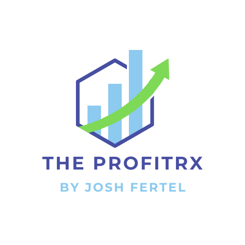 Logo for The ProfitRx by Josh Fertel: Blue bars, green arrow, blue hexagon, white background, blue text.