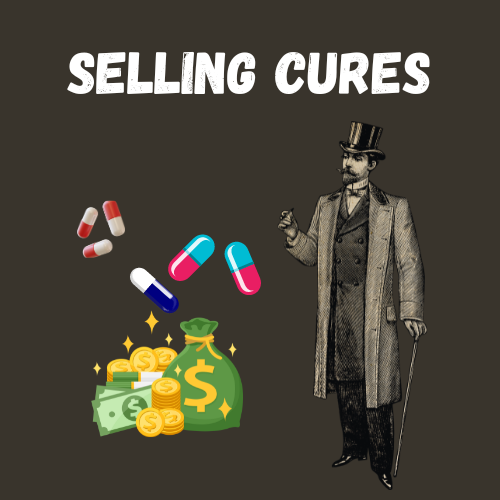 Man in top hat selling pills with money bag, gold coins, and cash.