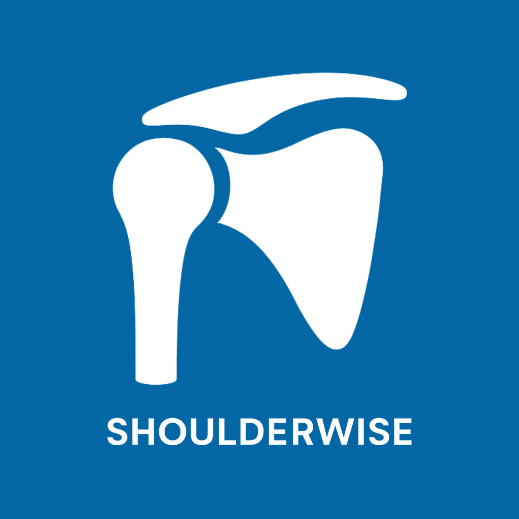 White anatomical drawing of a shoulder on blue background with 