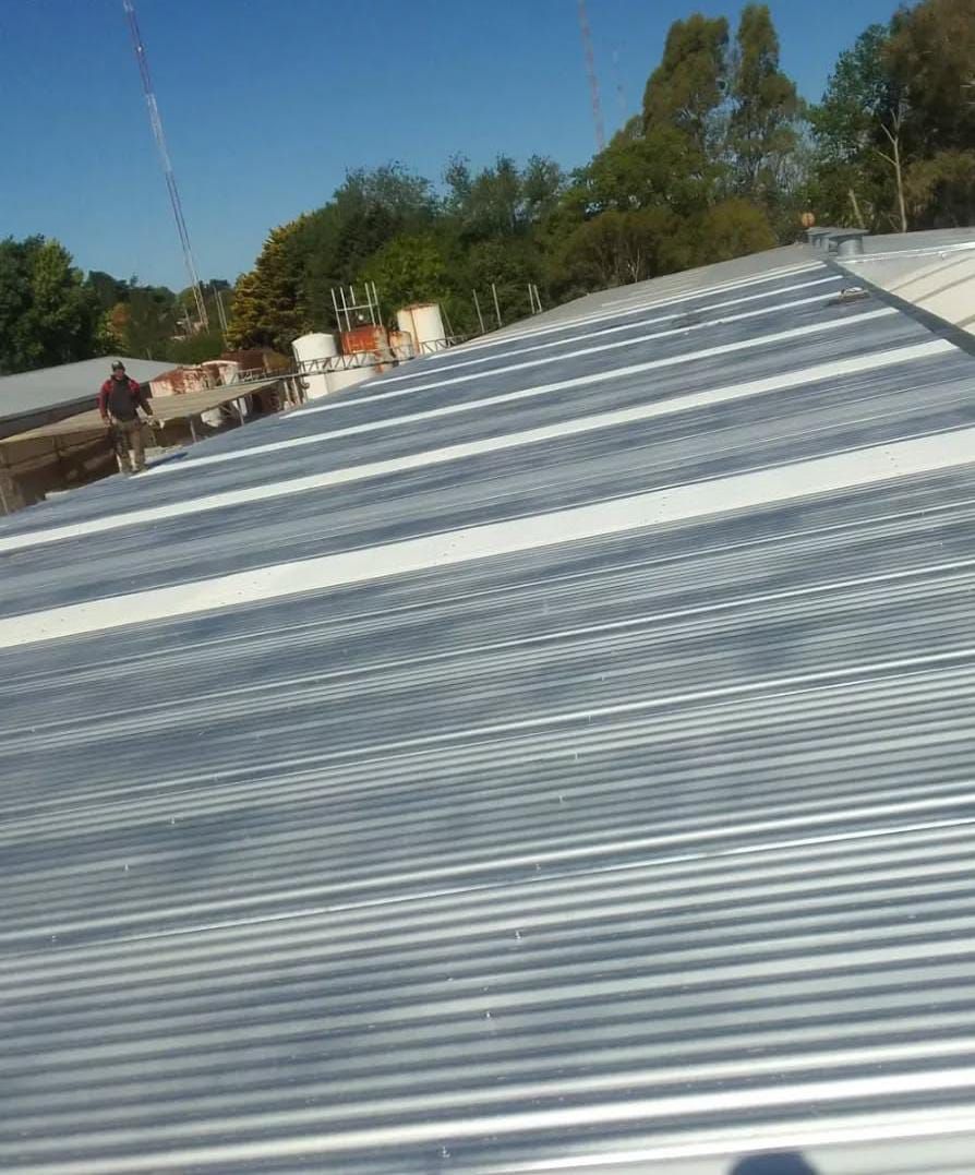 Techo de metal corrugado en un edificio, con una persona de pie cerca de árboles bajo un cielo azul.