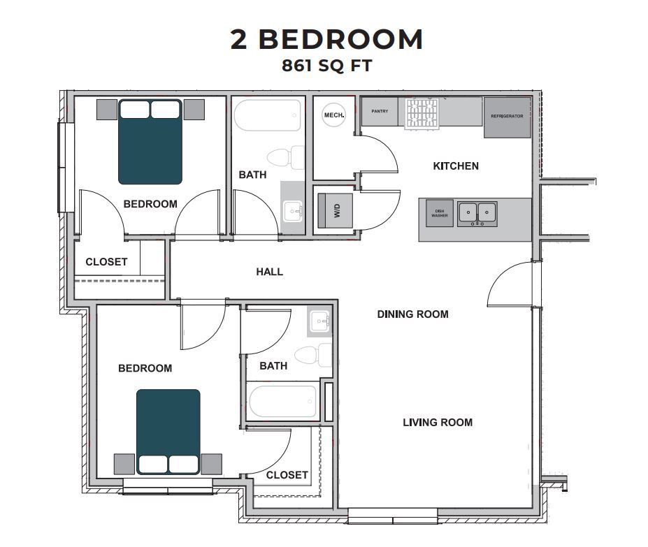 two Bedroom | two  Bath | 861 Sq Ft