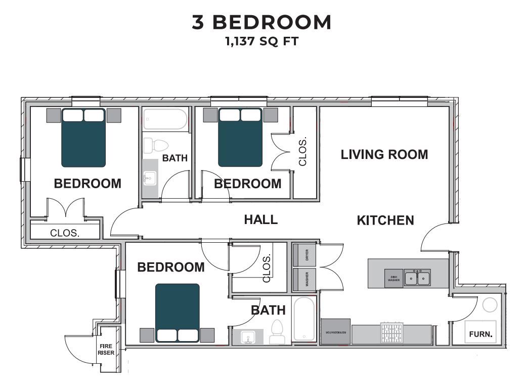 Three  Bedroom | two  Bath | 1137 Sq Ft