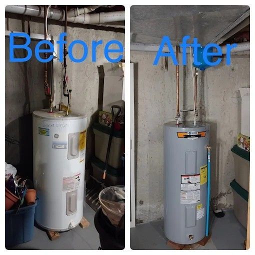 Comparison of a water heater before and after. The after version has new copper pipes and a painted tank in a basement.