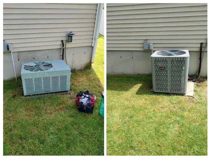Two side-by-side photos of an air conditioning unit. One shows an old unit, the other a new one, both outside a house.