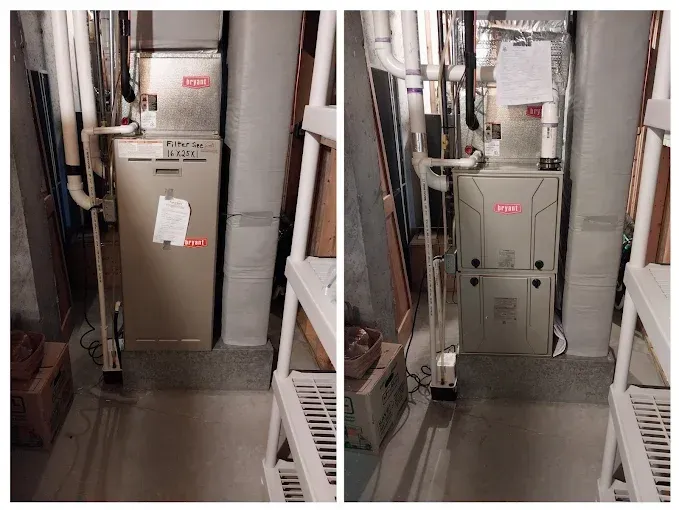 Two side-by-side photos showing a Bryant furnace in a basement setting with pipes and shelves.