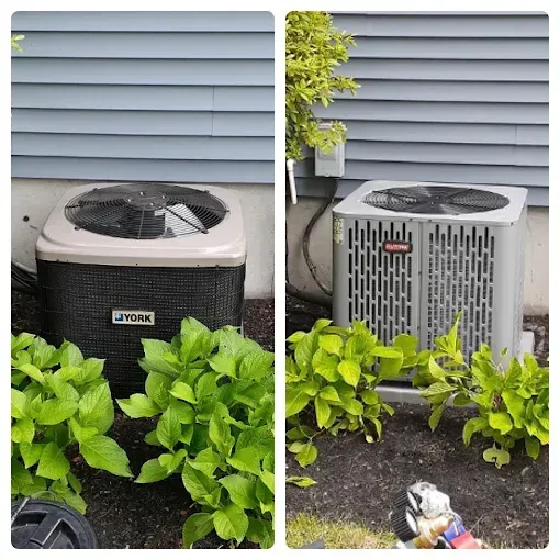 Two air conditioning units are next to blue siding. The left one is black and tan with the brand York, and the right one is gray with the brand Goodman.