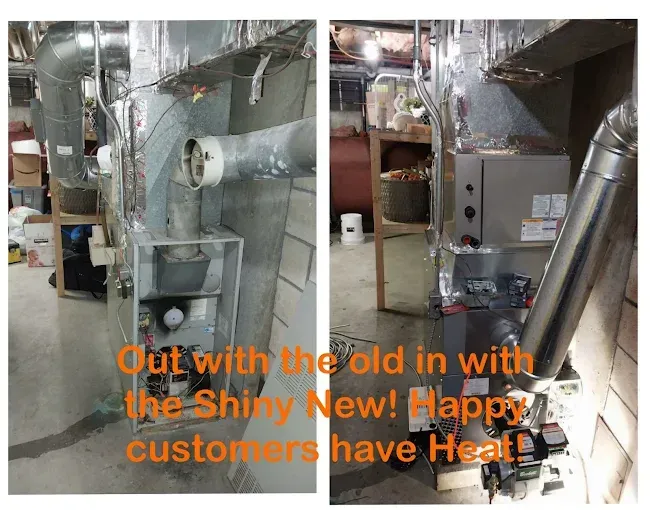 Two photos of a new heating unit installation. One shows the old unit being removed, the other the shiny new replacement. Text: 
