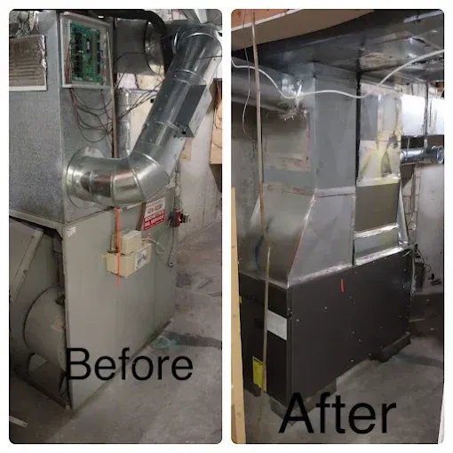 Comparison of a furnace before and after installation. The new system is more modern and neatly installed in a basement setting.