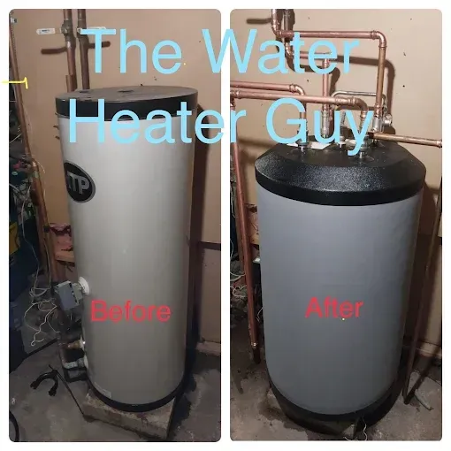 A side-by-side comparison of a water heater before and after a replacement. The 