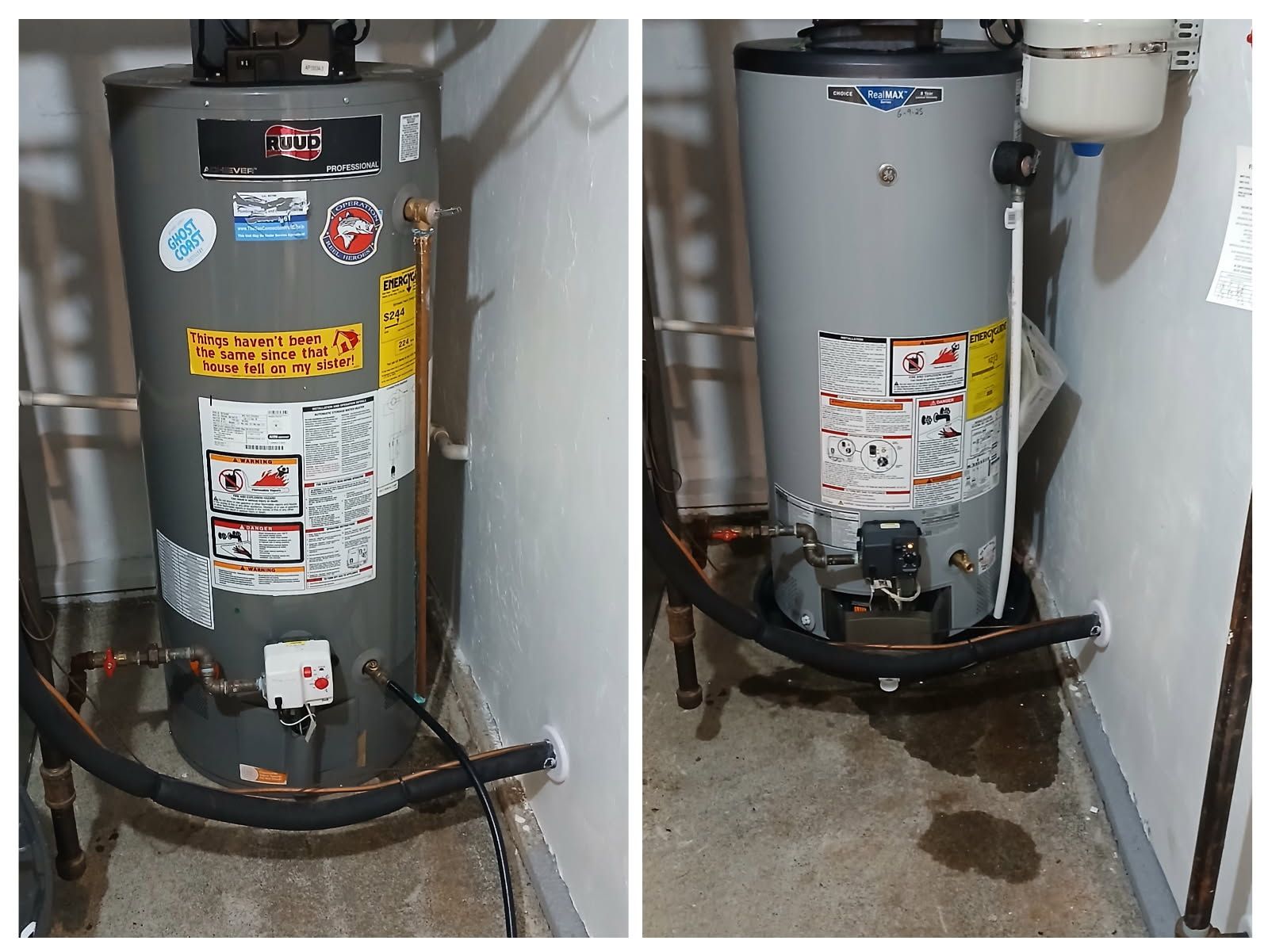 Two views of a water heater in a concrete-floored utility room. Water is visible on the floor near the base of the heaters.